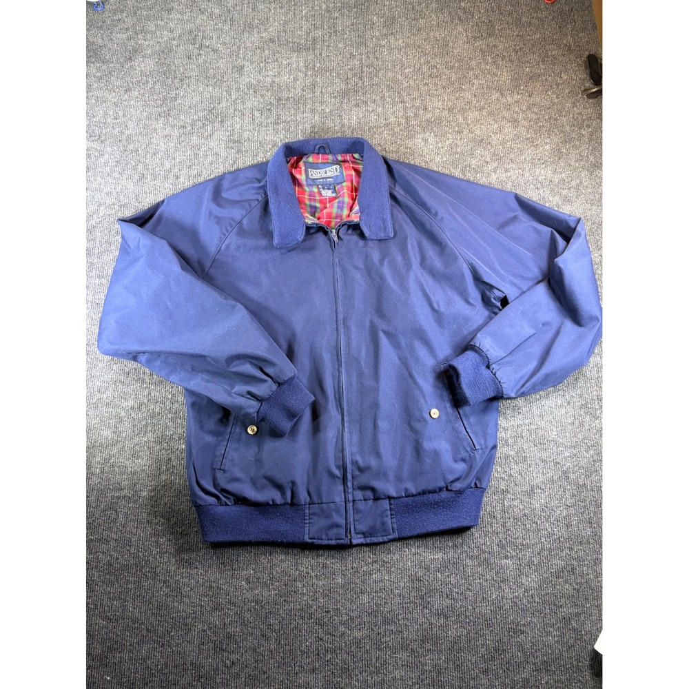 Lands End‎ Mens Navy Blue Harrington Jacket Plaid Lined Windbreaker Size L 2554
